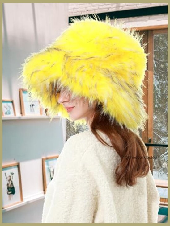 Faux Fur Bucket Hat for Winter Warm Fuzzy Fluffy Fisherman Cap